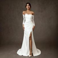 Light wedding dress one-word shoulder new temperament lace going out welcome dress white satin engagement dress XS balta