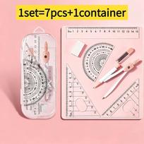 7pcs Geometry Math Kit with Compass, Protractor, Ruler, Divider, Calculator-like Protractor & Geometry Templates - Complete Supplies Set for Students, white