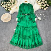 FASHION Court Style Elegantiškos Moteriškos Suknelės Nertos Nėrinės Su O formos Žibintu Rankovės Moteriška Vestidos A formos diržo suknelė Dropship One Size žalia