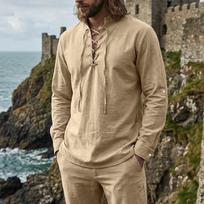 Men's Beachwear Beige Linen Lace Up V Neck Blouse Leisure S chaki
