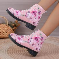 Women's Large Size Casual Ankle Boots Thick Low Heel Printed Women's Leather Boots Women Lace up Boots 38