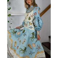 European and American new fashion linen doll collar cardigan big swing dress S gray