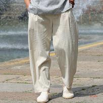 Men Beige Linen Drawstring Waist Baggy Wide Leg Pants M