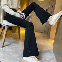 Women's Black Micro Flare Pants - 2026 Spring/Autumn Elastic High Waist Slimming Stretchy Side Slit Casual Trousers Ankle Pants - Side Split