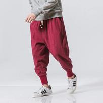 Medvilninės lino haremo kelnės vyrams Vienspalvės Elastingas juosmuo Streetwear sportinės kelnės Naujos Laisvos Drop-crotch kelnės Laisvalaikio kelnės Vyrams EMA M