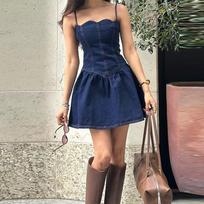 Summer new fish bone waist slim sling three-dimensional flower denim double-layer cake skirt short skirt S white