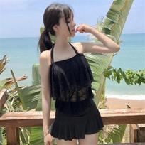 Women's Halter Lace Skirted Swimsuit - Two-Piece Fairy Style Boy Shorts Swimwear L (110-125 lbs)