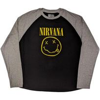 Nirvana Raglan T-Shirt: Yellow Happy Face (Black & Grey) OFFICIAL NEW M black