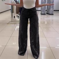 Women's Color Casual Pants Versatile Slim Fit Lace Patchwork Denim Drape Pants M juoda