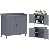 Pastatoma sodo sandėliavimo spintelė, 2-in-1 sodinimo stalas, dvivėris, lentyna, cinkuoto metalo padėklas - pilka 98 x 48 x 95.5 cm