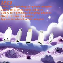 5-in-1 USB C Adapter Kit – Lightning Audio Charging, 3.5mm, Micro USB To Type-C & Type-C To Micro USB, for IPhone IPad Samsung 5PCS balta