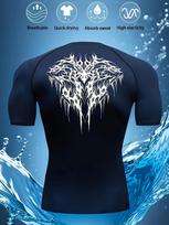 Men's Compression Shirt Quick Dry White Gym T-Shirt Black Tribal Wing Print Back Workout Sportswear S tamsiai mėlyna