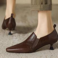 French Style Temperament Low-heeled Shoes Women's New Leather Pointed High Heel Pumps Retro Chunky Office Daily Footwears 34