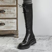 Martin boots black thick-soled slim lace-up high boots long knight boots women's autumn and winter 35