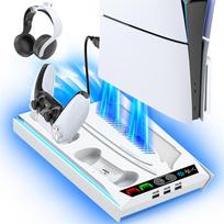 Stovas PS5 / PS5 Slim / PS5 Pro diskinei ir skaitmeninei konsolei, PS5 aušinimo ir įkrovimo stotelė su 3 lygių ventiliatoriumi, PS5 valdiklio įkroviklis blue