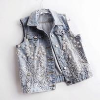 Spring Korean Lace Beaded Denim Vest Women's Short Sleeveless Vest Jacket Top Waistcoat Trend Plus Size Casual XS