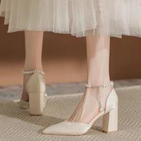 Elegant Pearl-Embellished Satin Heels - 5cm Chunky Low Heel Bridal Shoes with Adjustable Ankle Strap 36