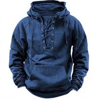 Men's Retro Lace-Up Hooded Long-Sleeve T-Shirt - Large Size Solid Color Spring and Autumn Casual M