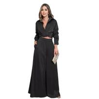 2 Pcs/Set Women Top Pants Suit Low-cut V Neck Turn-down Collar Pleated Short Shirt High Waist Wide Leg Deep Crotch Trousers Dating Commuting Outfit S