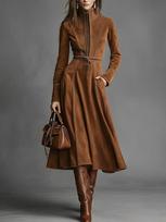 Elegant Retro Suede Plush Lace-Up A-Line Long Dress with Zipper Waist-Cinching - Autumn 2025 Collection L