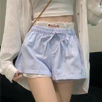 Korean-style Solid Color Embroidered Lace Base Stacked Shorts Women's Design Loose Striped L