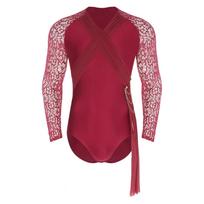 Mens Latin Dance Wear Floral Lace Long Sleeve Ruched Mesh Layer Chain Tassel Button Crotch Leotard S