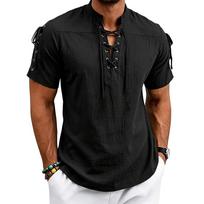 Men's Mandarin Collar Lace Up Henley Shirt Short Sleeve Front & Shoulder Lace Detail Casual Summer Beach Tunic Top S