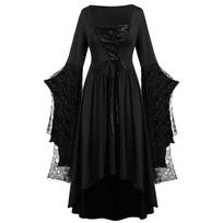 Women Gothic Skull Lace Bell Sleeve High Low Dress Halloween Cosplay Square Neck Lace Up Vintage Witch Party Long Dress S