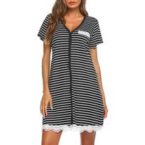 Women Loose Short Sleeve Lace V-Neck Stripe Printed Home Nightdress Dress L