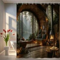 Forest Cabin Shower Curtain Wood And Fireplace Scene With Lake View Nature Escape Design Waterproof Easy To Install Non-Toxic W60H190(CM)-1 Pcs