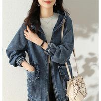 Receive Waist Denim Jacket Women's Spring And Autumn Fashion Korean Version Of Loose Plus Size Hooded Denim Casual Jacket Top M mėlyna