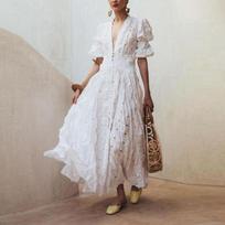 Women's Deep V Puff Sleeve Hollow Eyelet Lace Maxi Dress High Waist Flowy Big Hem Summer Vacation Long Dress S