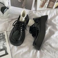 “British - Style” Patent - Leather Lace - Up Chunky Shoes, Black Round Toe, Ideal for Daily & Office Looks 35