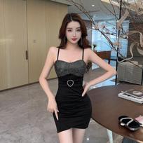 Spice Girl Sexy Low Chest Dress Club Sequins Splicing Waist Irregular Suspender Dress Women S