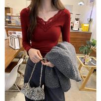 Women's Slim-Fit Long Sleeve Lace Ruffle V-Neck Top for Autumn/Winter XL
