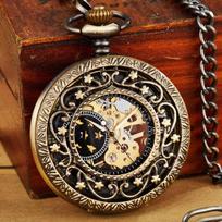 Retro tuščiaviduris mechaninis kišeninis laikrodis su FOB grandine Gold Stars Skeleton Steampunk Vintage vyriškas moteriškas rankinis kišeninis laikrodis bronza