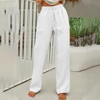 Women's Fashionable Color Elastic Waist Cotton Linen Loose Straight Leg Casual Pants M balta