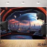 2D Sci-Fi Spaceship Window with Neon Lights and Space City Backdrop 47.2x31.5inch/120*80cm gray
