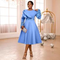 Plus Size Women's Light Blue Rhinestone Ruffle Flare Sleeve A-line Midi Dress Elegant Fashion Party Dress 0XL šviesiai mėlyna spalva