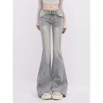 Y2k Low Rise Vintage Autumn Light Blue Flare Wide Leg Jeans Women Denim Skinny Trousers Casual Streetwear Pants for Daily Wear XS