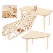 3 Piece Natural Wood Hamster Game Platform with Ramp Tunnel Shelter Small Pet Resting Area Hamster Cage Accessories