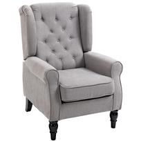 Fotelis sparnuotasis su porankiais, poilsio fotelis su pagalve, dygsniuotas, aukštas atlošas fotelis su medinėmis kojomis, reclineris svetainei, miegamajam 74 x 86 x 102 cm pilka