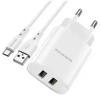 Borofone BN2 Super travel charger | 10.5W | USB-A, USB-C | with USB-A to USB-C cable included | white