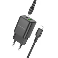 Borofone BN14 Royal travel charger | 30W | PD, QC, GaN, PPS | USB-C, USB-A | with USB-C to Lightning cable included | black
