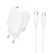 Borofone BN26 Fuente travel charger | 20W | PD, QC, PPS | USB-C | with USB-C to USB-C cable included | white