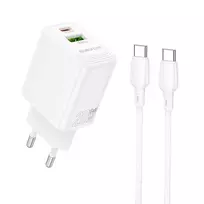 Borofone BN27 Fuente travel charger | 20W | PD, QC, PPS | USB-A, USB-C | with USB-C to USB-C cable included | white