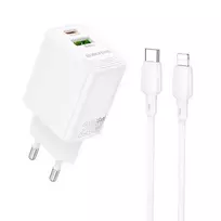 Borofone BN27 Fuente travel charger | 20W | PD, QC, PPS | USB-C, USB-A | with USB-C to Lightning cable included | white