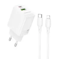 Borofone BN29 Fuente travel charger | 30W | PD, QC, PPS | USB-C, USB-A | with USB-C to Lightning cable included | white