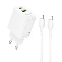 Borofone BN29 Fuente travel charger | 30W | PD, QC, PPS | USB-C, USB-A | with USB-C to USB-C cable included | white