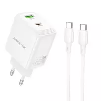 Borofone BN30 travel charger | 45W | PD, QC, GaN | USB-C, USB-A | with USB-C to USB-C cable included | white